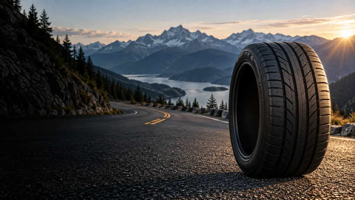 A performance tire beside a mountain road at sunrise