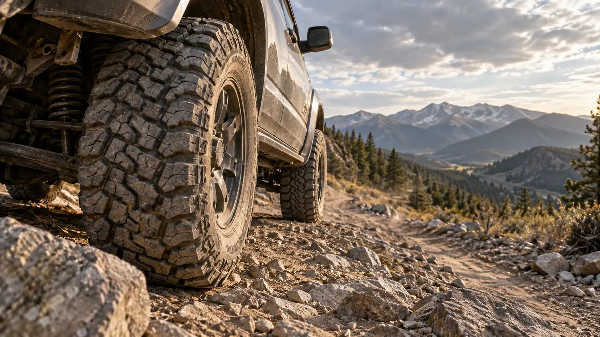 All-terrain tire on a rocky desert trail