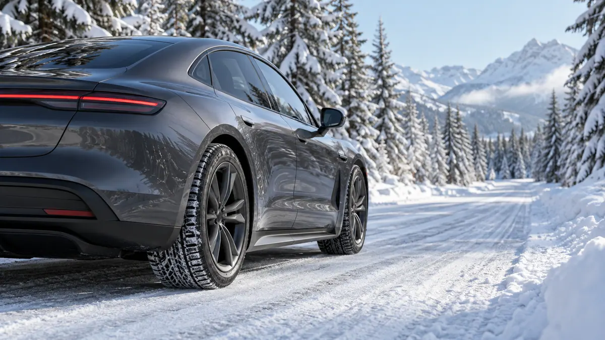 Electric sedan on a snowy road through pine trees